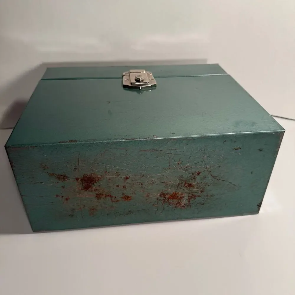Vintage Metal File Box Hammered Stanley Green 12.5” x 4.5” x 8.5” Latch Handle